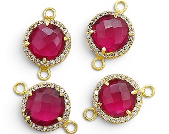 Ruby Quartz Connector, Gold Plated Round Gemstone Links, Faceted Crystal Halo Charms, For Bracelet Necklace Making