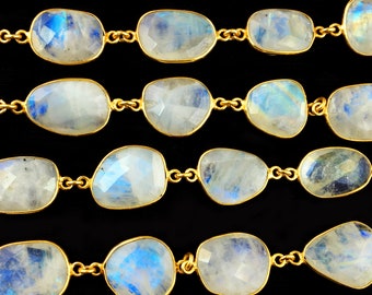 Chaîne avec lunette en pierre de lune arc-en-ciel, Pierre de lune arc-en-ciel en plaqué or 18 carats, Chaîne à maillons avec lunette fait main, Chaînes de lunette
