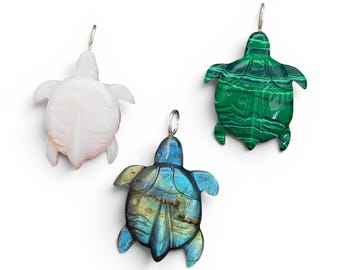 Turtle Gemstone Pendant, Carved Stone Turtle Charm, Silver Plated Bail, Ocean Inspired Jewelry, Handcrafted Necklace Charms, DIY Jewelry