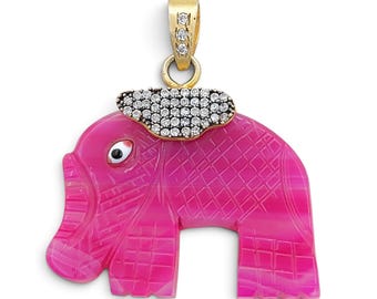 Pink Agate Elephant Pendant, CZ Rhinestone Bail, Gold Plated Carved Gemstone Charm, Elephant Necklace Pendants, DIY Jewelry Making Supply