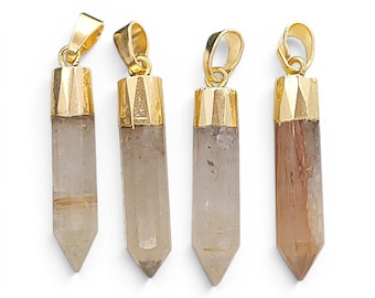 Golden Rutile Quartz Pendant, Gold Plated Crystal Point Pendant, Healing Stone Jewelry, Necklace Charm