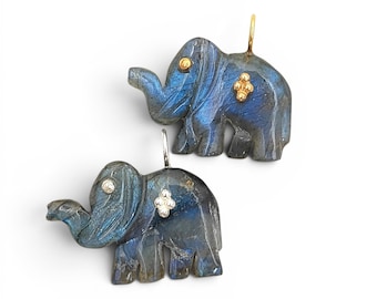 Carved Labradorite Elephant Pendant, Handmade Carving Animal Charm, Handmade Jewelry Supply, Artisan Stone Pendants