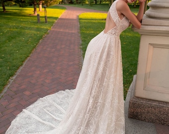 Vestido de novia abierto hecho a mano / Vestido de novia de encaje / Vestido sin espalda / Vestido de novia sin espalda / Vestido sin espalda