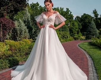 Flutter Sleeve Bohemian Lace Wedding Dress | Boho Wedding Dress | Flutter Lace  Gown | Boho Wedding Gown