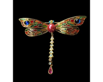 May include: A gold-toned dragonfly brooch with colourful enamel wings and a red pearl body. The dragonfly has a long, dangling chain of crystals and a red teardrop-shaped crystal at the end.