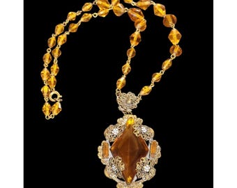Antique Czech Enamel Topaz Glass Beaded Filigree Necklace