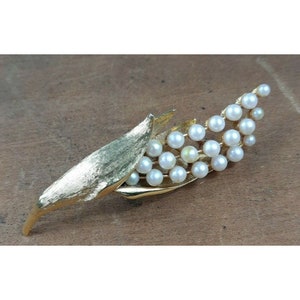 Vintage Kramer Corn Stalk Faux Pearls Gold Tone Leaves Signed Pin Brooch Rare