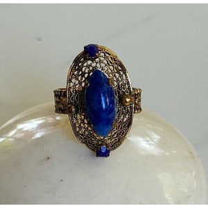 Vintage West Germany Blue Glass Art Glass Lapis Rhinestone Brass Adjustable Ring