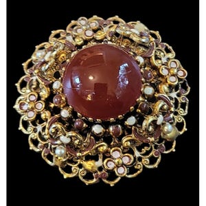 Vintage Austrian Gold Filigree Brooch Pin Faux Carnelian Cabochon Enamel