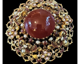 Vintage Austrian Gold Filigree Brooch Pin Faux Carnelian Cabochon Enamel