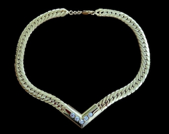 Vintage Valentino Chunky Chain V Crystals Collar Necklace Made In Italy 1990s