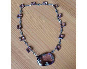 Vintage Art Deco Czech Vauxhall Purple Glass Rhodium Choker Collar Necklace