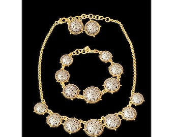 Brighton ART OF GOLD Domed Medallion Necklace Bracelet and Earrings Two Tone Set