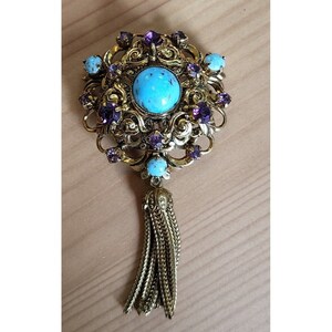 Vintage West Germany Faux Türkis Cabochon Strass filigrane Quaste Brosche