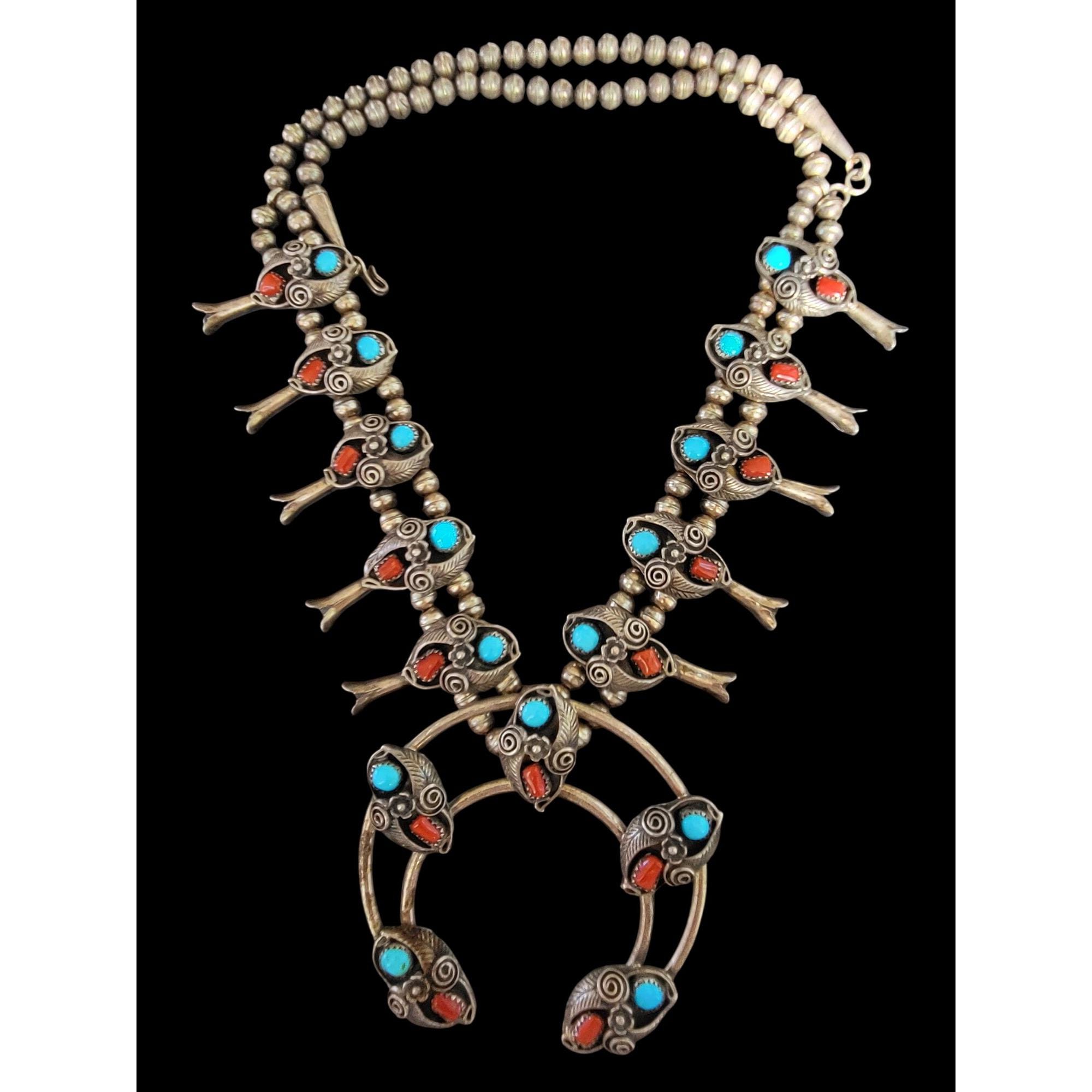 Vintage Navajo Squash Blossom Necklace With Turquoise & Coral