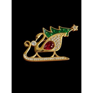 Swarovski Crystal Sled Swan Christmas  Tree Brooch Pin Signed