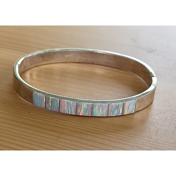 Vintage Mexico Sterling Silver Opal Hinged Bangle… - image 7