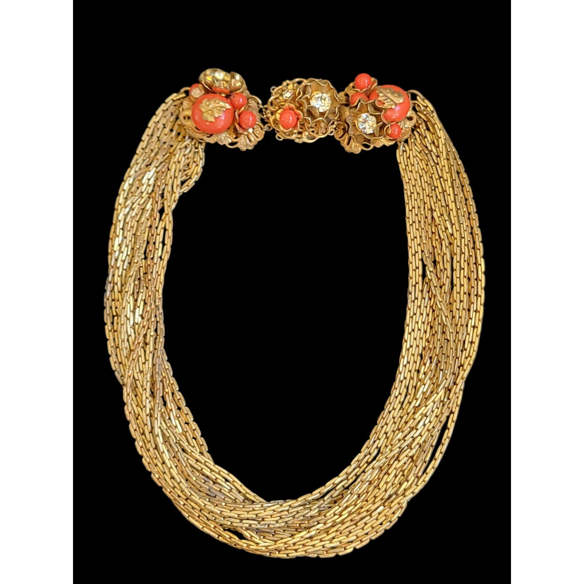 Rare Miriam Haskell Multi Strand Chain Coral Orange Milk Glass