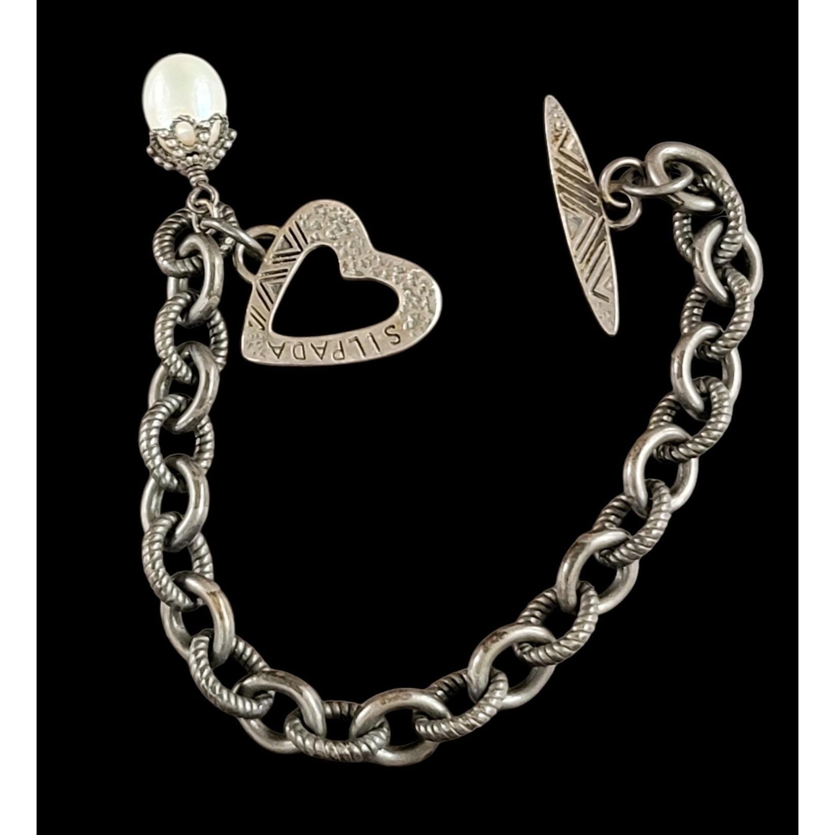 Silpada Oxidized Sterling Silver Textured Chain Link Heart Toggle Pearl Bracelet