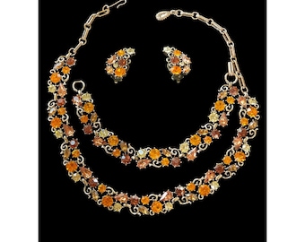 Lisner Set Necklace Earrings Bracelet Shades Of Browns Rhinestones