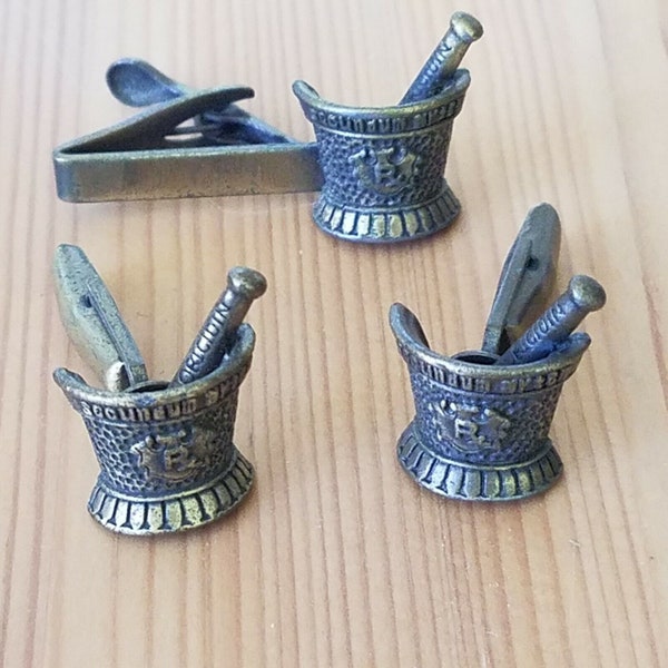 Vintage His Lordship Mortar And Pestle Pharmacist Cufflinks And Tie Clip