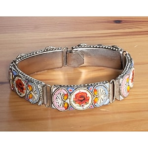 Vintage Italian Micro Mosaic Flower Bracelet Multi Colored Silver Tone