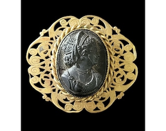 Antique Victorian Mourning Cameo Brooch Pin With Ornate Filigree Gold-Tone Frame & Black Carved Portrait