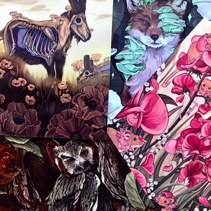 May include: A collage of four different illustrations. The top left image features a skeletal deer with a floral background. The top right image features a fox with a purple and green floral background. The bottom left image features an owl with a dark brown background. The bottom right image features a pink and green floral background.