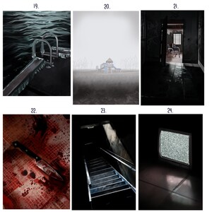 May include: A collection of six dark and moody images, each depicting a different scene. The first image shows a diving board and ladder in a dark, murky pool. The second image shows a playground in the distance, obscured by fog. The third image shows a doorway leading into a dark, abandoned room. The fourth image shows a bloody knife on a tiled floor. The fifth image shows a dark staircase leading up into the darkness. The sixth image shows a television screen with static.