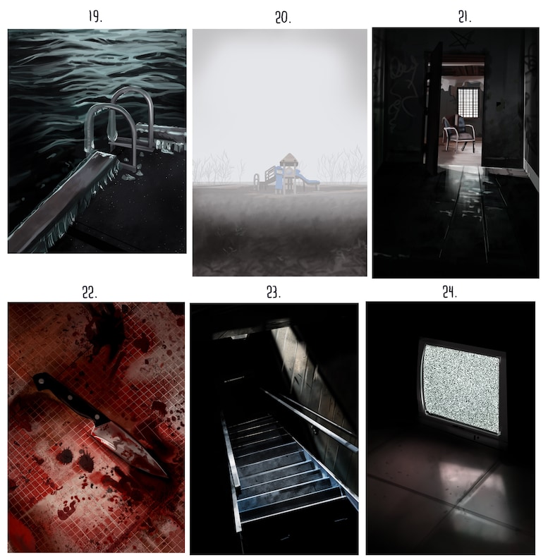 May include: A collection of six dark and moody images, each depicting a different scene. The first image shows a diving board and ladder in a dark, murky pool. The second image shows a playground in the distance, obscured by fog. The third image shows a doorway leading into a dark, abandoned room. The fourth image shows a bloody knife on a tiled floor. The fifth image shows a dark staircase leading up into the darkness. The sixth image shows a television screen with static.