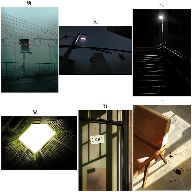 May include: A collection of six images depicting various scenes, including a foggy street with a red traffic light, a street lamp against a dark sky, a set of stairs in a dark alley, a view from inside a building looking up at a bright sky, a closed storefront with a sign, and a wooden chair with a blood stain on the floor.
