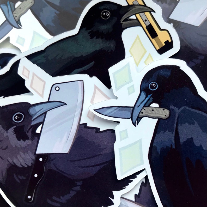 May include: Four black crow stickers with different weapons in their beaks. The crows are holding a knife, a cleaver, a box cutter, and a small knife. The stickers are on a white background.