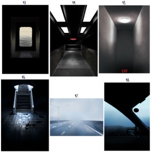 May include: A series of six images depicting different dark and moody scenes. The first image shows a dark hallway with a window at the end. The second image shows a dark hallway with a red exit sign. The third image shows a dark room with a single light fixture on the ceiling. The fourth image shows a set of stairs leading up to a dark doorway. The fifth image shows a foggy road with a streetlight in the distance. The sixth image shows a view from inside a car looking out at a foggy landscape.