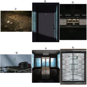 May include: A collection of images showing different interior spaces, including a room with a bed, a hallway with a door, a room with a refrigerator, and a room with a television.