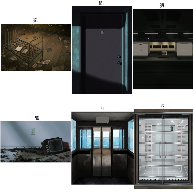 May include: A collection of images showing different interior spaces, including a room with a bed, a hallway with a door, a room with a refrigerator, and a room with a television.