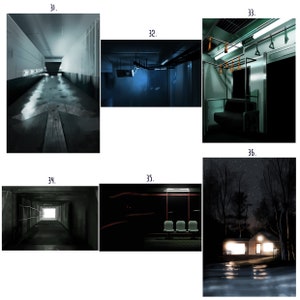May include: A collection of six dark and moody digital paintings. The first image shows a long, narrow hallway with a wooden arrow pointing to the right. The second image shows a dark room with a blue light source. The third image shows the interior of a train car with green walls and a dark green seat. The fourth image shows a dark hallway with a bright light at the end. The fifth image shows a dark train station with three empty seats. The sixth image shows a small house with a porch light on, surrounded by trees and a starry night sky.