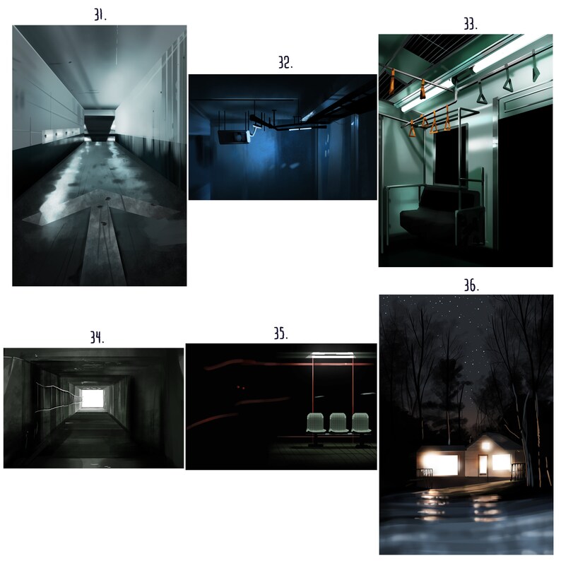 May include: A collection of six dark and moody digital paintings. The first image shows a long, narrow hallway with a wooden arrow pointing to the right. The second image shows a dark room with a blue light source. The third image shows the interior of a train car with green walls and a dark green seat. The fourth image shows a dark hallway with a bright light at the end. The fifth image shows a dark train station with three empty seats. The sixth image shows a small house with a porch light on, surrounded by trees and a starry night sky.