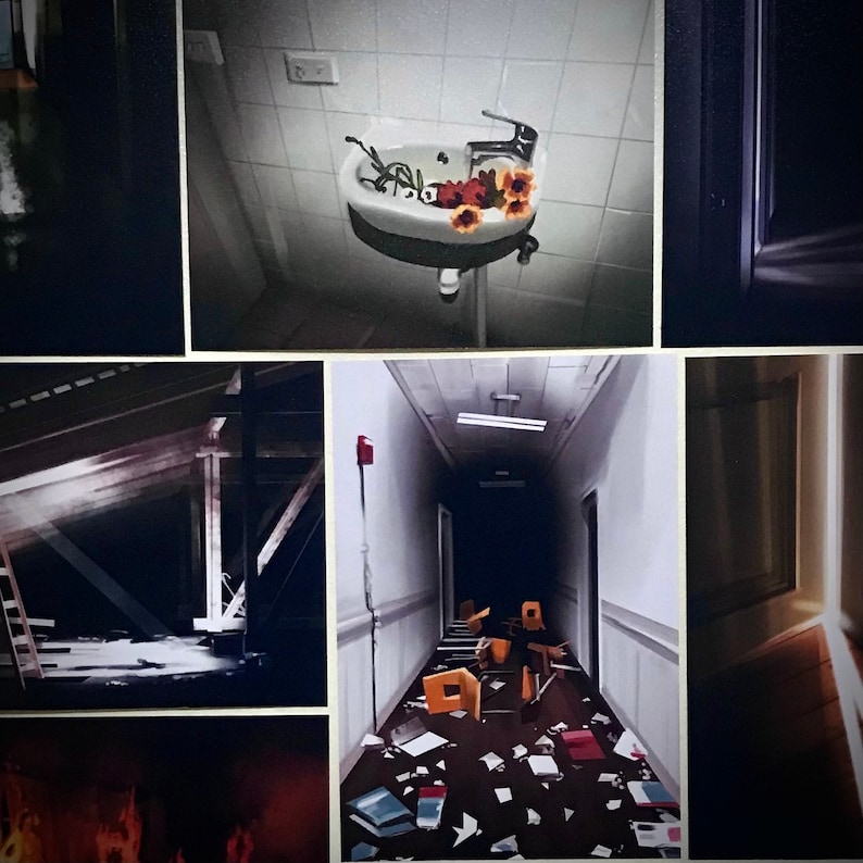 May include: A collage of images featuring a bathroom sink with flowers, a hallway with overturned chairs and debris on the floor, and a dark doorway.
