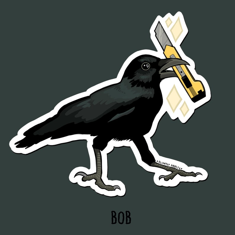 May include: A black crow with a yellow utility knife in its beak. The crow is perched on a white background with the word "BOB" written below it.