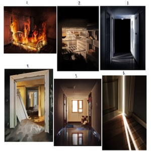 May include: A collage of six images depicting different scenes of a house fire, a refrigerator, a hallway with a shadow, a flooded room, a hallway with a window, and a doorway with light shining through.