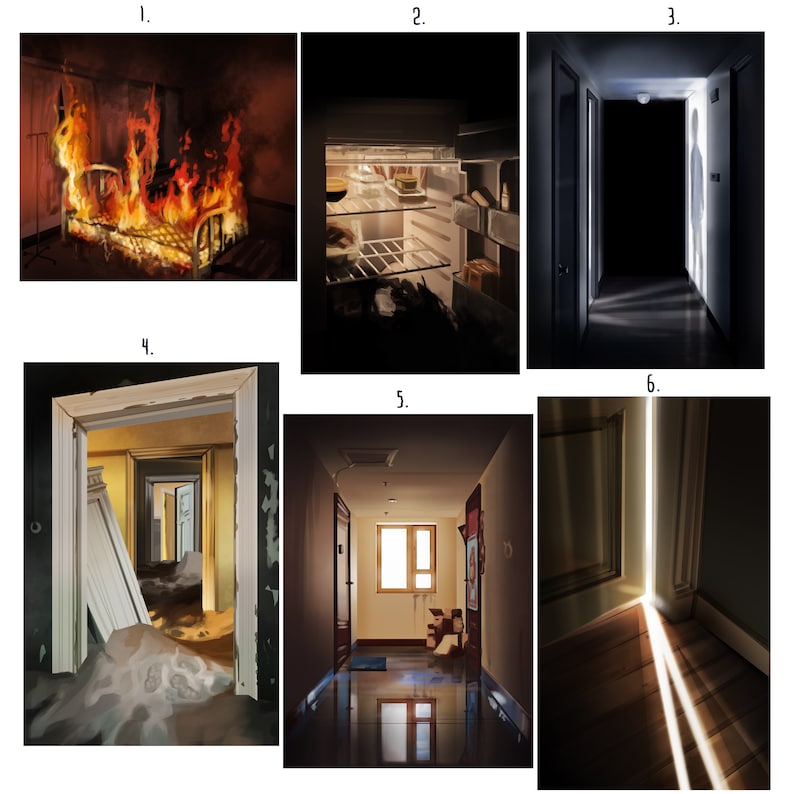 May include: A collage of six images depicting different scenes of a house fire, a refrigerator, a hallway with a shadow, a flooded room, a hallway with a window, and a doorway with light shining through.