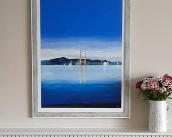 Poolbeg Blue, 80x60cm fine art giclee print of original oil painting by MAOL Art, Marie Armstrong O’Leary of ESB Poolbeg Chimneys