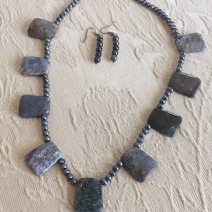 Jasper, Ocean Jasper 22”Gemstone Necklace Set strung with peacock cultured pearls. Made and designed by Mary Lee