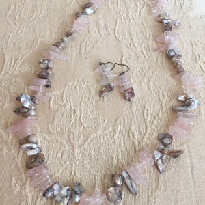 Rose Quartz and purple baroque cultured pearl necklace and earrings