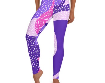 1980's Inspired Bright Purple Pink And White Leggings - Full Length, Capri and Yoga