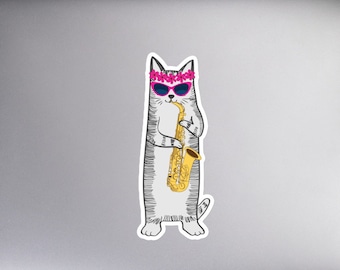 Katze spielt Sax Aufkleber / Geschenk für Saxophonspieler / Musiker Geschenk / Süßer Kitty Musiker / Blasenfreie Aufkleber