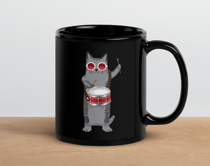 Cat Playing Snare Drum Coffee Mug / Gift For Drummer / Percussionist Cup For Tea / Black Glossy Mug