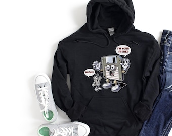 Funny Tech Hoodie / Retro Floppy Disk & USB Drive Joke / Geeky Nerd Humor / IT Professional Gift / Programmer Sweatshirt
