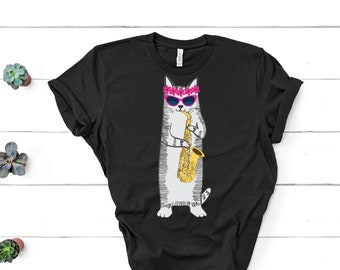 Cute Cat Playing The Saxophone Wearing Sunglasses and Flowers Short-Sleeve Unisex T-Shirt