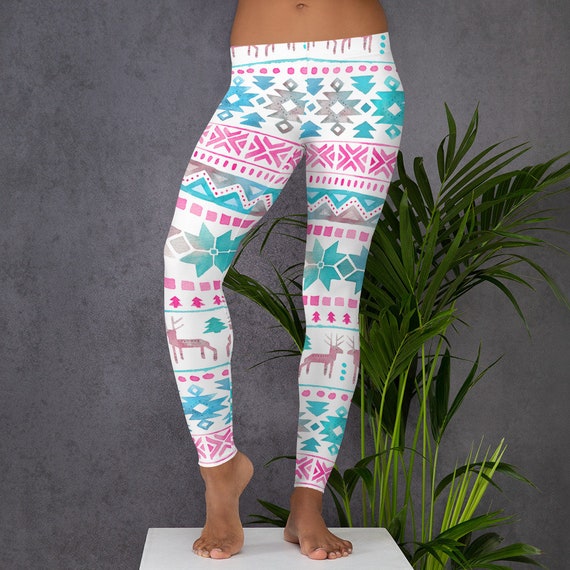 Blue & Pink Winter Watercolor Deer and Snowflake Pattern Leggings and High  Waist Yoga Pants 